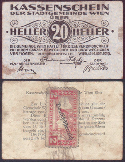 1919 Austria Notgeld 20 Heller with stamp (Vienna) L000062